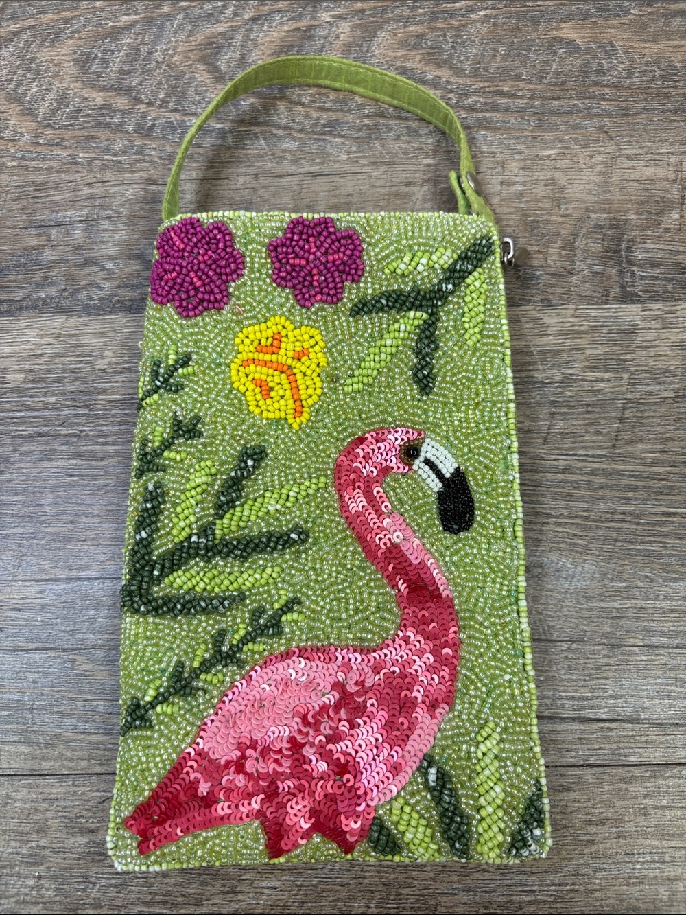 Bamboo Trading Company Flamingo Beaded Sequin Mini Handbag Green Pink Tropical